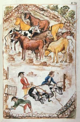 Indiase bewakers van koeien, uit het boek "Trujillo del Peru" of "Códice Martínez Compañón", door Baltazar Martinez Compañón y Bujanda, bisschop van Trujillo (1782-1785)