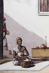 Indiase cultuur en beschaving: muzikant die tablas speelt, traditioneel muziekinstrument, India. Gravure 1808