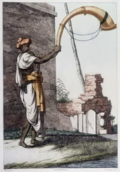 Indiase cultuur, beschaving en samenleving: muzikant met traditioneel Indiaas blaasinstrument (Sournae). Gravure uit 1808