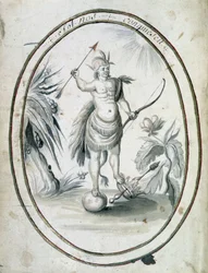 Indiaan van Canada met zijn boog en pijlen - frontispice van manuscript 