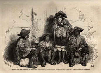 Indianen van Cuzco (Peru), gekleed in de manta, sandalen en traditionele sombrero, werkzaam als arbeiders voor de exploitatie van guano-afzettingen op de Chincha-eilanden, drinkend shisha, maar gefermenteerde brandewijn. Gravure ter illustratie van Les ile