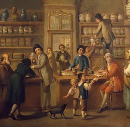 Interieur van een apotheek, schilderij door een onbekende kunstenaar