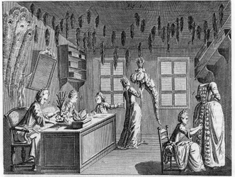 Interieur van een pluimveewerkplaats in de 18e eeuw. Gravure uit de 18e eeuw.