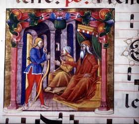 Isaak nodigt Esau uit om te jagen. 15e-eeuws manuscript. 15e-eeuws antifonarium. Bibliotheek van Lodi