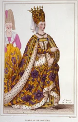 Isabeau (Isabelle, Elisabeth) van Beieren (1371-1435). Koningin van Frankrijk. Gravure uit 1830