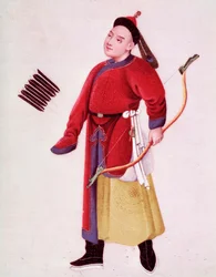 Jachtkostuum van de Japanse keizer. Hij is gewapend met een boog en pijlen. Aquarel uit de 18e eeuw Venetië, Biblioteca Marciana