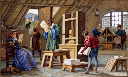 Johannes Gensfleisch Gutenberg (1400-1468), uitvinder van de drukpers (1438). chromolithografie uit de 19e eeuw.