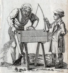 Timmerman en leerling. Gravure eind 18e eeuw. Privécollectie