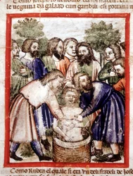 Jozef verkocht door zijn broers en in de put gegooid. Miniatuur uit codex 212 (of padovano codex of Bijbel van Padua) 1390-1400 Rovigo, Accademia dei Concordi