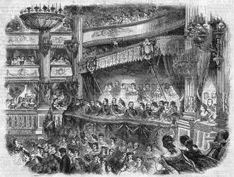 Reis van de Russische keizer Alexander II (1818-1881) naar Parijs: Galavoorstelling in de Opera Garnier. Gravure in 