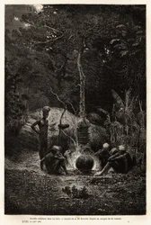 Kanaks koken in het bos, in het gebied van Pamale. Gravure ter illustratie van de reis naar Nieuw-Caledonië, door Jules Garnier, civiel ingenieur van mijnen, in 1863-1866, gepubliceerd in 