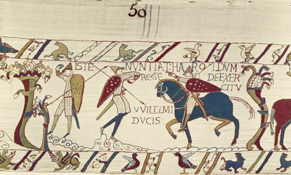 De boodschapper van koning Harold brengt hem nieuws over het leger van hertog Willem, Tapijt van Bayeux
