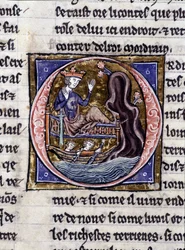 Koning Modreius. Manuscript: Verovering van de Heilige Graal, geschreven 717 jaar na de passie van onze heer. Bibliotheque municipale de Rennes, ms. 255 (Collectie van romans van de Ronde Tafel); Parijs