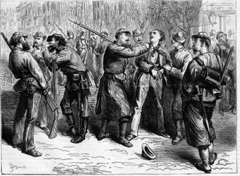 De Commune van Parijs in 1871. Arrestatie van een dienstweigeraar door een troep federes.