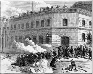 La Commune de Paris in 1871. Verdediging van het Elysee-paleis door de Federes (Communards).