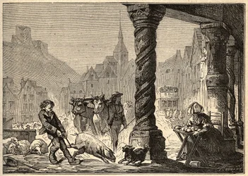 De grote straat op een marktdag in Dol de Bretagne - gravure in 