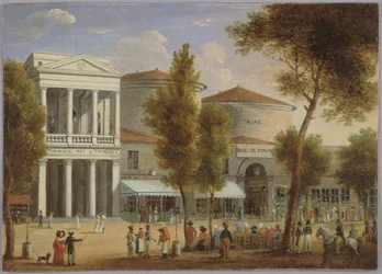Het theater van de Variétés en de passage van de Panoramas, boulevard Montmartre, circa 1825