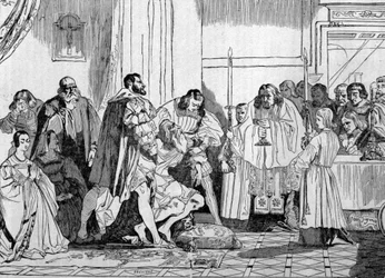 Leonardo da Vinci sterft in de armen van François I (1494 - 1547) in 1519 in Clos Luce. gravure.