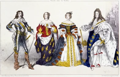 De Bourbons: Lodewijk XIII (1601-1643) en Anna van Oostenrijk (1601-1666), Maria Theresia van Oostenrijk (of Spanje) (1638-1683) en Lodewijk XIV (1638-1715) - Plaat uit Koningen en Koninginnen van Frankrijk in prenten, Parijs, ed. Swift