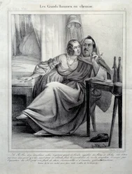 Les grands hommes en chemise Representatie van de schrijver Honore de Balzac (1799-1850) die een jonge vrouw omhelst terwijl hij een sigaret rookt. Illustratie van E. Allet (19e eeuw) Parijs, Maison Balzac