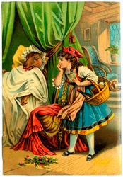 Roodkapje ontdekt de wolf in het bed van haar grootmoeder (Chromolithografie eind 19e eeuw)