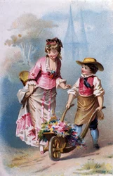 Kleine tuinier: een jonge jongen met een kruiwagen vol bloemen praat met een jonge vrouw op weg naar een dorp. Chromolithografie 1880