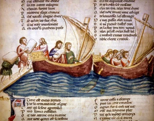 Vracht aan boord laden, eind 13e eeuw - Miniatuur uit de ‘Roman de Troie’ van Benoît de Sainte-Maure, 14e eeuw - Biblioteca Marciana, Venetië