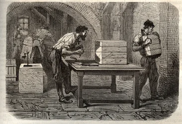 Zeepfabricage - De industrie van zeep - Het snijden van een zeepbrood uit Marseille in repen, met behulp van een draad - gravure in 