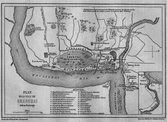 Kaart van de stad Shanghai in 1860, uitzicht op de oude Chinese stad en buitenlandse concessies in 1860. Kaart in 