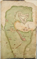 Kaart van Smerwick, Ierland, met de Engelse aarden wal met twee kanonnen voor de aanval op het Spaanse fort en Engelse soldaten die uit Castell More marcheren