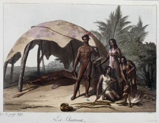 Maaltijden bij de charruas, indianen van Paraguay. In "Het oude en moderne kostuum" 1818-1820, door Ferrario.
