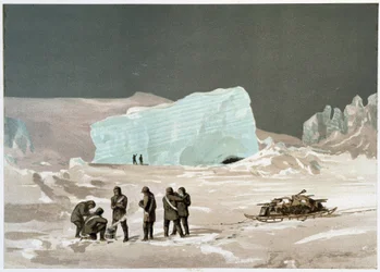 Mannen en slee op het ijs - in "The shores of the polar sea, an Arctic expedition narration", door Dr. Edward Moos, Marcus Nard & Co, Londen