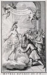 Mannen die zichzelf zonder hun maskers bekijken voor de spiegel van de allegorie van de waarheid. Gravure uit de 18e eeuw