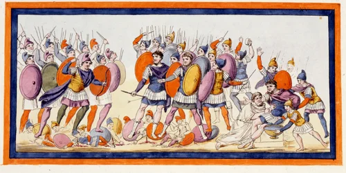 Menelas (rechts), een Griekse krijger, is net gewond door een pijl van een bondgenoot van de Trojanen. De Ilias, zang IV. Gravure uit het einde van de 18e eeuw