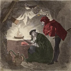 Mephistopheles (Mephisto), een Faust-illustratie voor “Faust” van Johann Wolfgang von Goethe (1749-1832), illustratie voor “Faust” van Goethe, gravure