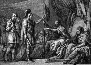 Merovingische periode: een burgemeester van het paleis (waardigheidsbekleder van het koninkrijk) legde de eed af voordat hij zijn ambt aanvaardde. Hij zweert aan de bisschoppen en heren van de regio om hun respectieve rechten te behouden. Gravure van de 18