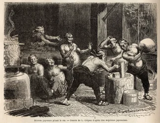 Mitrons die rijst stampen, voordat het wordt gebrouwen om rijstbier te maken. Gravure ter illustratie van de reis naar Japan, door Aime Humbert, minister van de Zwitserse Confederatie, in 1863-1864, gepubliceerd in 