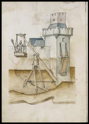 Gracht passagesysteem door hefboom - Manuscript: perkamentblad van een ingenieurshandboek voor de bouw van civiele, religieuze en militaire gebouwen, anoniem, laat 15e eeuw (figuur in Chinese inkt)