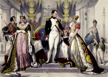 Napoleontische dynastie van 1804 tot 1815. Josephine, Napoleon I, Koning van Rome, Mary Louise. Gravure uit de 19e eeuw