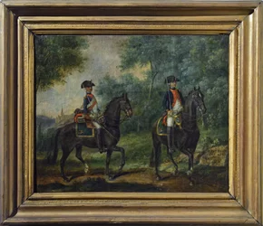 Officier en soldaat van het Mestre de Camps regiment in 1790, eind achttiende eeuw
