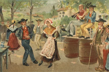 Oude gewoonte gevierd in de Auvergne-regio: de boei tijdens het feest van Sint Jan. Chromolithografie uit de late 19e eeuw.