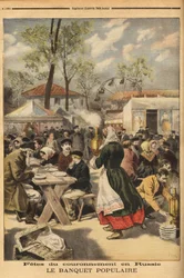 Ter gelegenheid van de kroning van tsaar Nicolaas II wordt op het Chodynka-oefenterrein in Moskou een volksbanket aangeboden aan 500.000 Russen, voorafgegaan door theatervoorstellingen. Gravure in "Le Petit Journal", 17/05/1896. Collectie Selva.