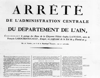 Bevel van de centrale administratie van het departement Ain - Rochefoucauld Familiearchieven.