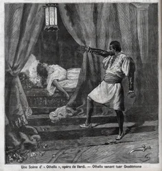 Othello heeft zojuist Desdemona in zijn bed vermoord. Scène uit de opera 