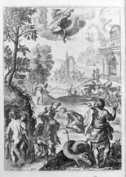 Ovidius - illustratie voor boek 15 - (P. Ovidii Nasonis Metamorphose libri XV met notities van TH. Farnabii.) notitie door Thomas Farnaby (Farnabia) (1575-1647)