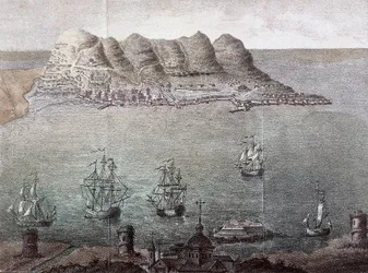 Panoramisch gezicht op Gibraltar en de Straat van Gibraltar. 19e eeuw. Madrid, Nationale Bibliotheek.