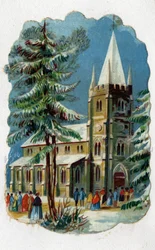Parochianen gaan naar een kerk voor de zondagsmis. Chromolithografie rond 1890