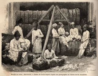 Parsi handelaren en kooplieden op de Bombay katoenmarkt. Gravure ter illustratie van de reis in de zuidelijke provincies van India, door Alfred Grandidier, in 1862-1864, gepubliceerd in Le tour du monde, 1869, onder redactie van Edouard Charton, editie Hac