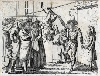 Feest in het dorp: spelletjes en verkleedpartijen. Gravure eind 18e eeuw. Privécollectie.