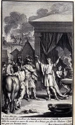 Patroclus, geraakt door het ongeluk van de Grieken, verkreeg toestemming van Achilles om hen te redden, bedekt zich met de wapens van deze prins, die offers brengt aan Jupiter voor zijn gelukkige terugkeer. Illustratie van boek XVI van de Ilias van Homerus